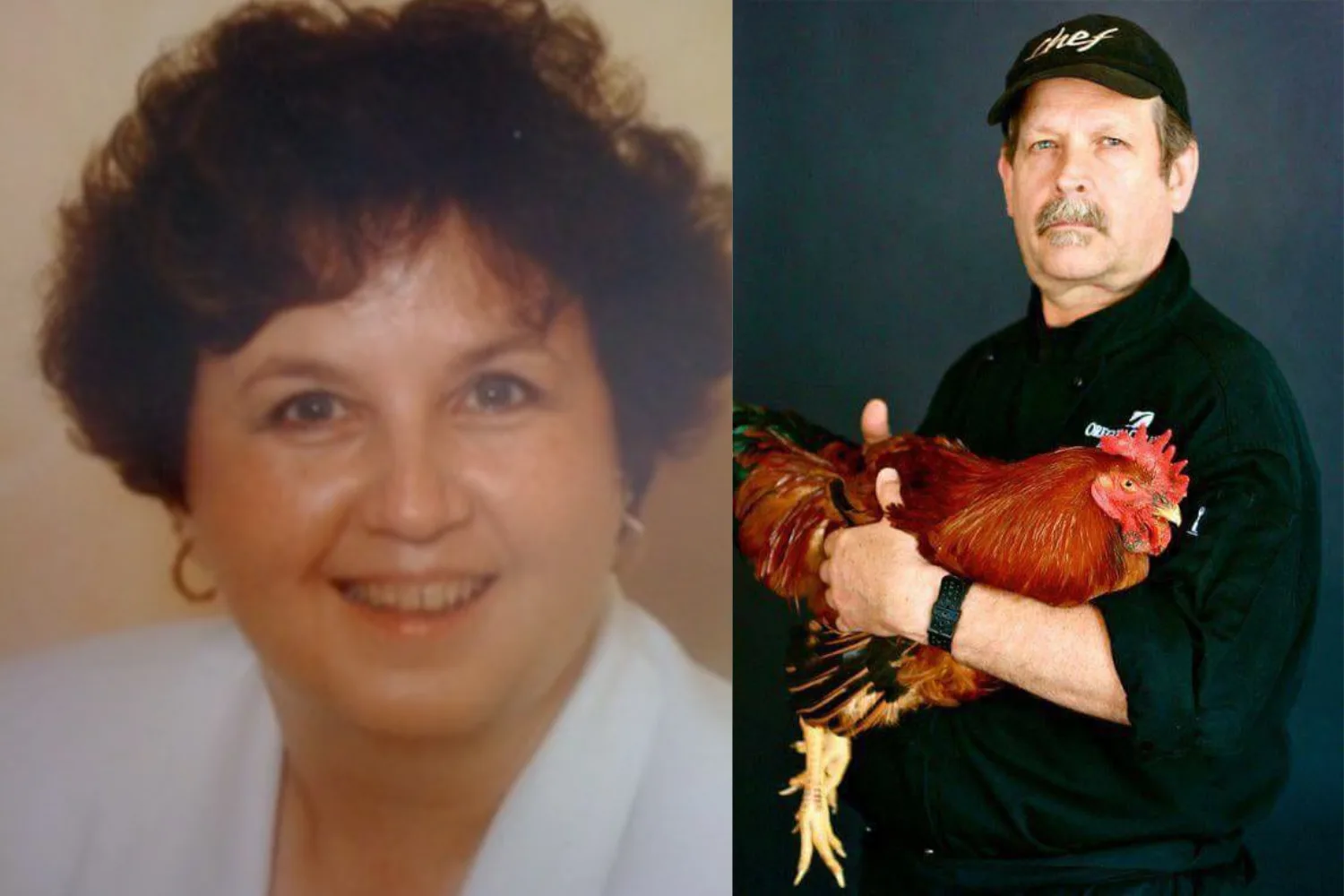 A smiling woman and a man holding a chicken