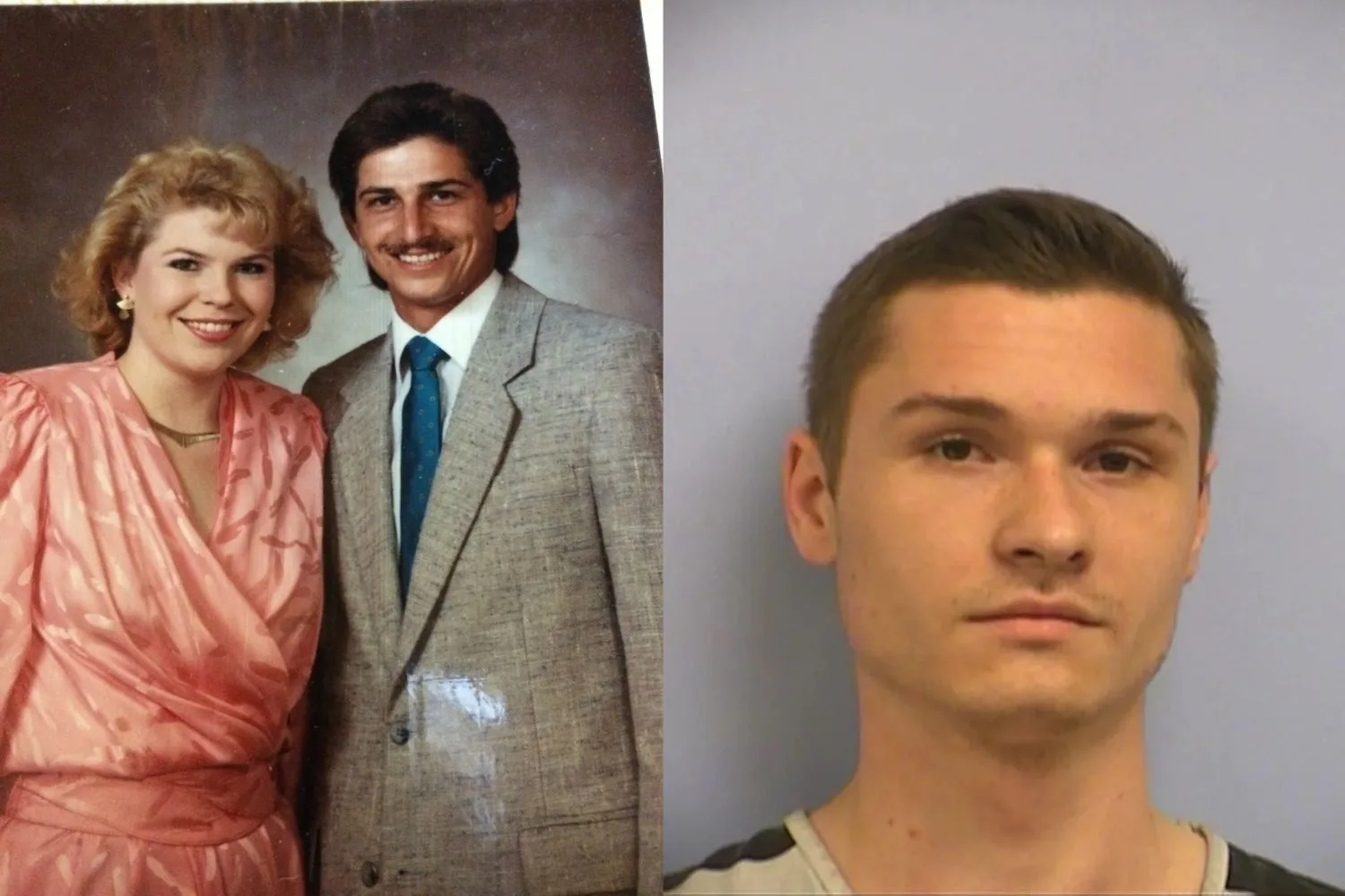 Left: Vintage picture of woman in peach dress and man in brown suit smiling. Right: Man in prison uniform staring at camera.