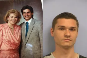 Left: Vintage picture of woman in peach dress and man in brown suit smiling. Right: Man in prison uniform staring at camera.