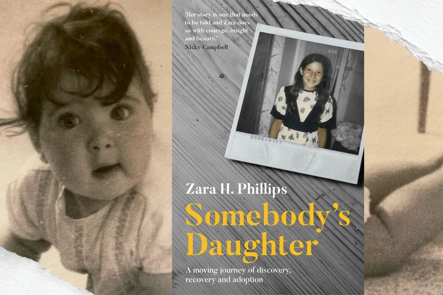 An old photo of a baby girl. A picture of a book cover.