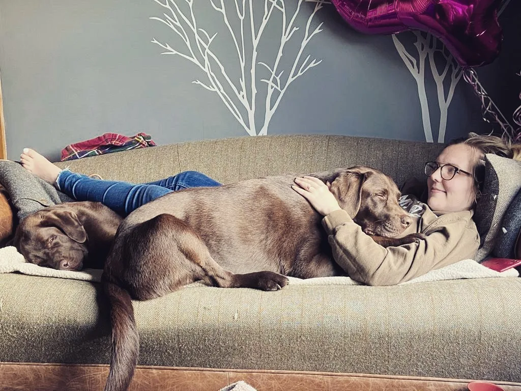 Woman sleeping on brown couch with two brown dogs laying side by side.