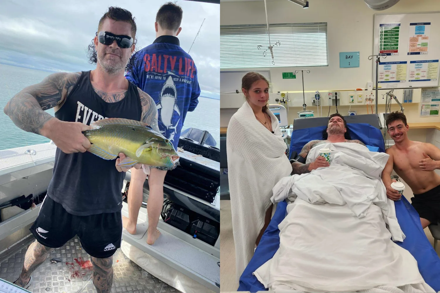 Image on left - Man standing on boat holding fish Image on right - Man and his two children recovering from drowning in hospital