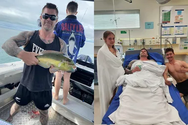 Image on left - Man standing on boat holding fish Image on right - Man and his two children recovering from drowning in hospital