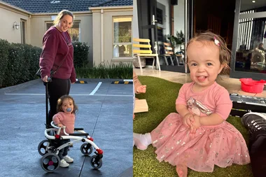 Image on left - mum and daughter, daughter seated in a posterior walker. Image on right - girl diagnosed with dwarfism wearing pink dress