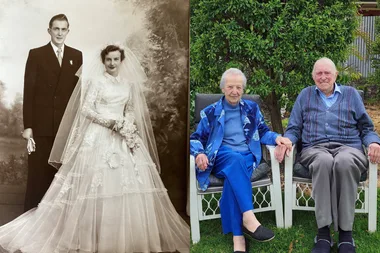 Image on left - Wedding photo from 1955 Image on right - Woman and man celebrating 70 years married