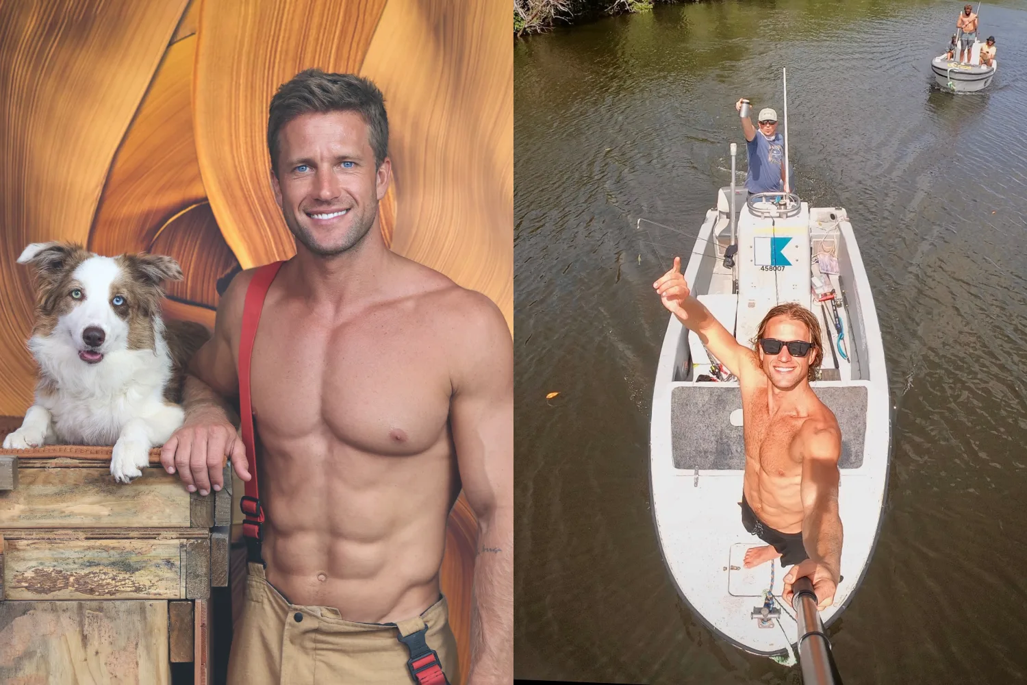 Image on left - Firefighter posing with shirt off next to cattle dog Image on right - diver standing on the bow of the boat