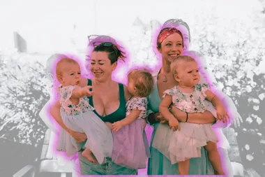 Triplet babies being held by their mothers Chelsea and Jess