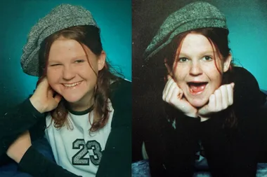Two pictures of young girl wearing beret on red hair, smiling at camera cheerfully.