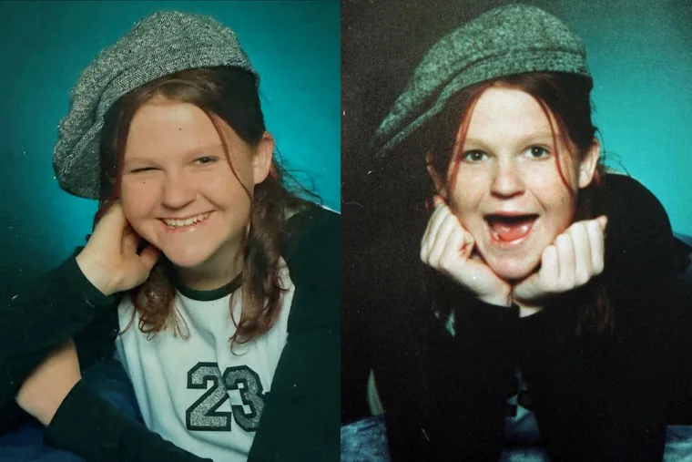 Two pictures of young girl wearing beret on red hair, smiling at camera cheerfully.