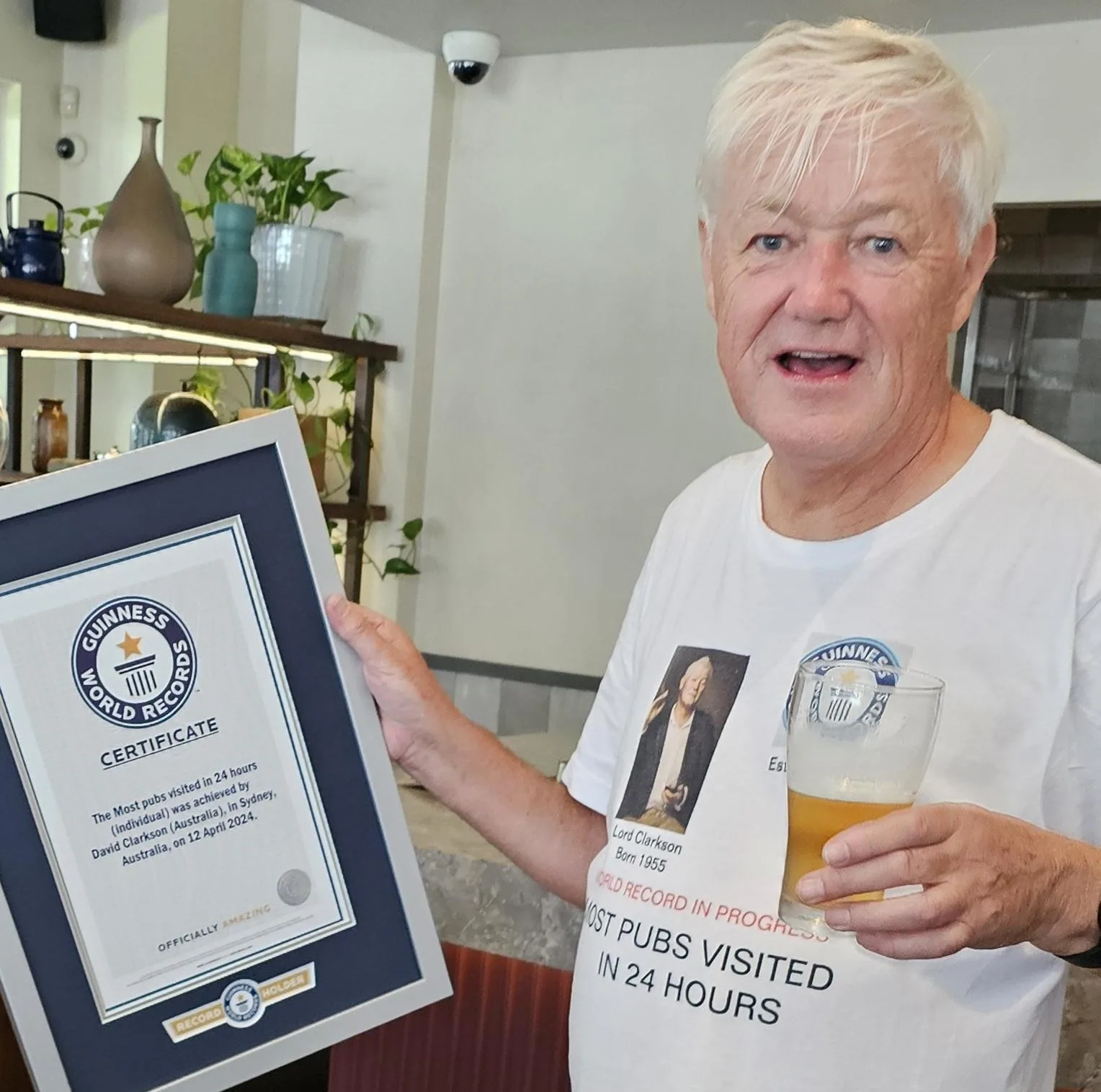 David with his world record certificate declaring the most pubs visited in 24 hours