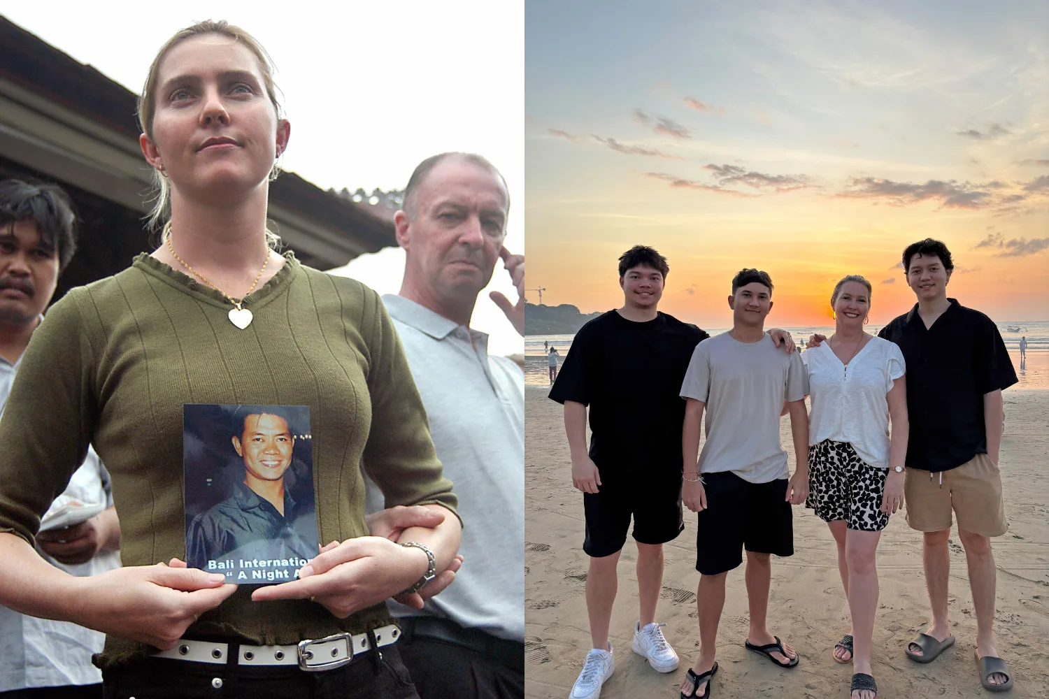 Image on left - Woman holding photo of her husband killed in the bali bombings. Image on right - Woman and her three sons standing on beach at sunset.
