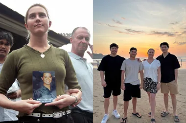 Image on left - Woman holding photo of her husband killed in the bali bombings. Image on right - Woman and her three sons standing on beach at sunset.
