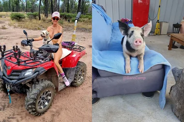 Image on left - naturist riding quad bike Image on right - rescue pig