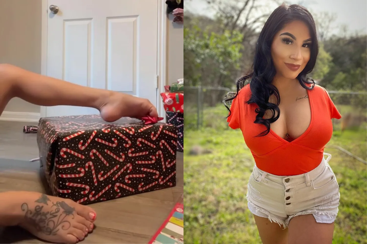 Image on left - woman wrapping christmas presents with feet Image on right - Woman born without arms