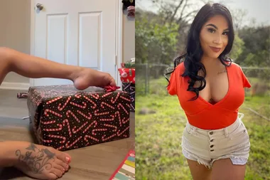 Image on left - woman wrapping christmas presents with feet Image on right - Woman born without arms