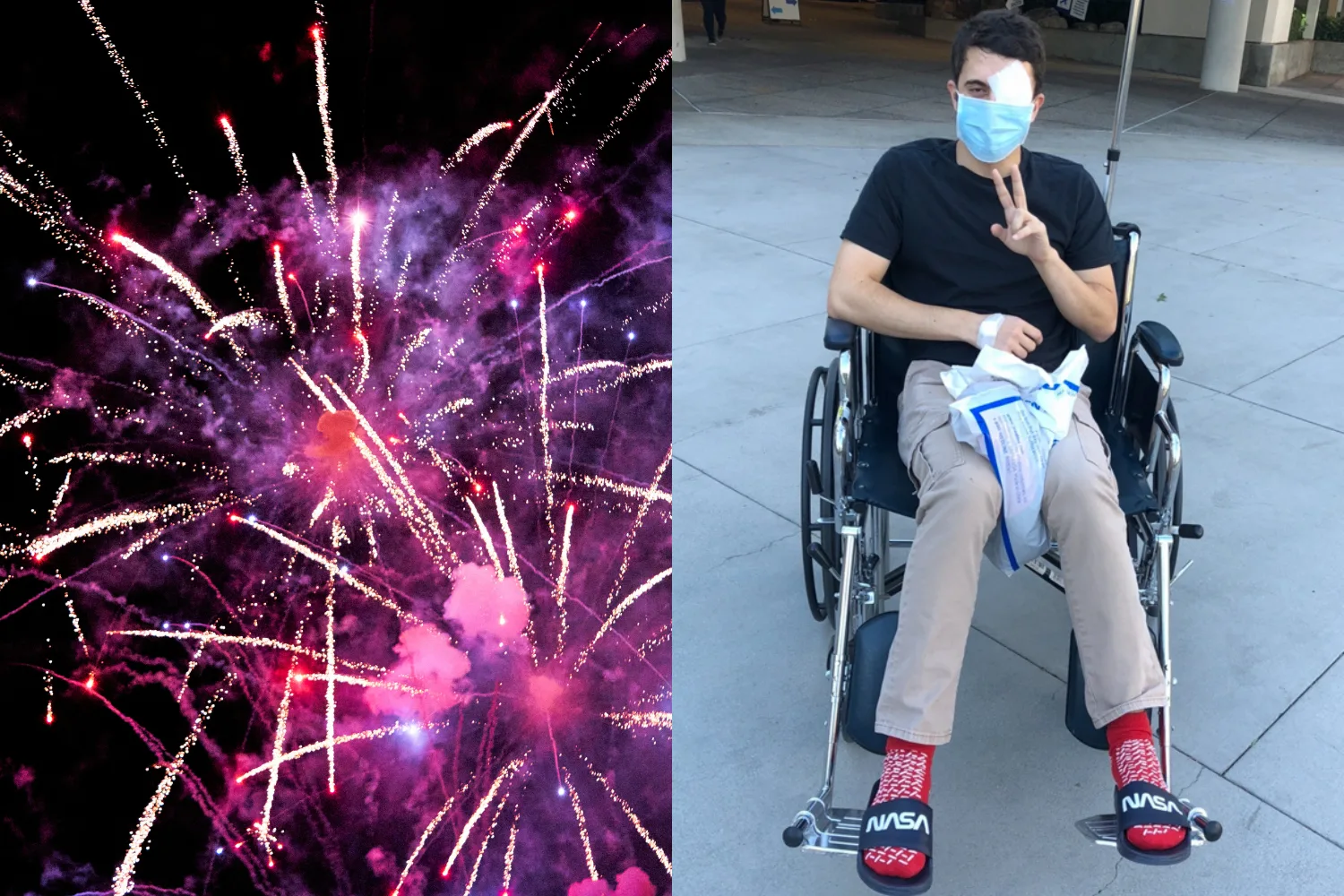 Image on left - pink and purple fireworks Image on right - man sitting in wheelchair after firework accident