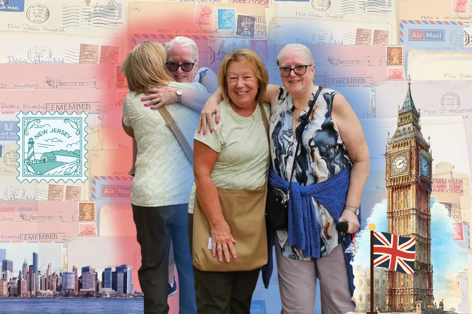 Debbie and Jane hugging and smiling. The background is Big Ben, the British flag, New Jersey skyline and a map of New Jersey, as well as their letters.