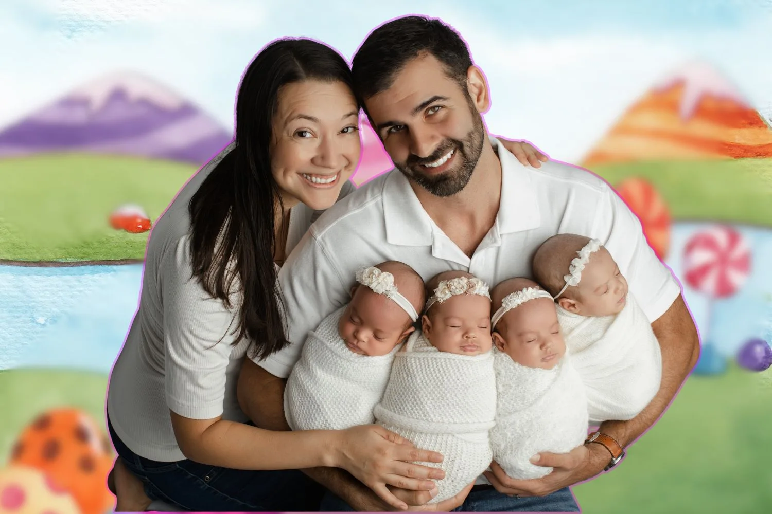 Mercedes and Jonathan holding their identical quads as newborns