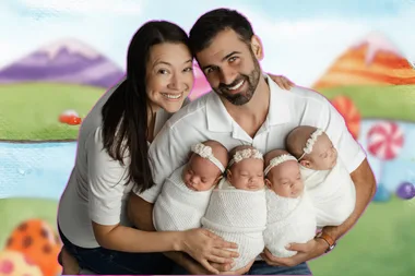 Mercedes and Jonathan holding their identical quads as newborns