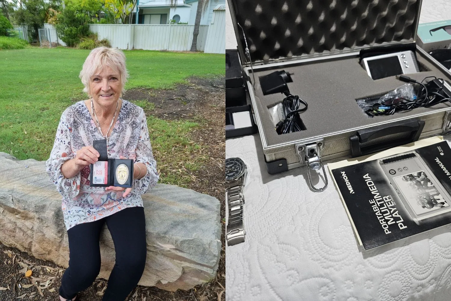 Left: Elderly woman with white hair, wearing a white blouse with floral patters, sitting on a pavement holding up a license and badge. Right: Black and white photograph of suitcase with a camera inside, cords, watches, and a book.