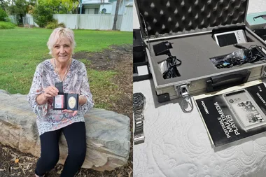 Left: Elderly woman with white hair, wearing a white blouse with floral patters, sitting on a pavement holding up a license and badge. Right: Black and white photograph of suitcase with a camera inside, cords, watches, and a book.