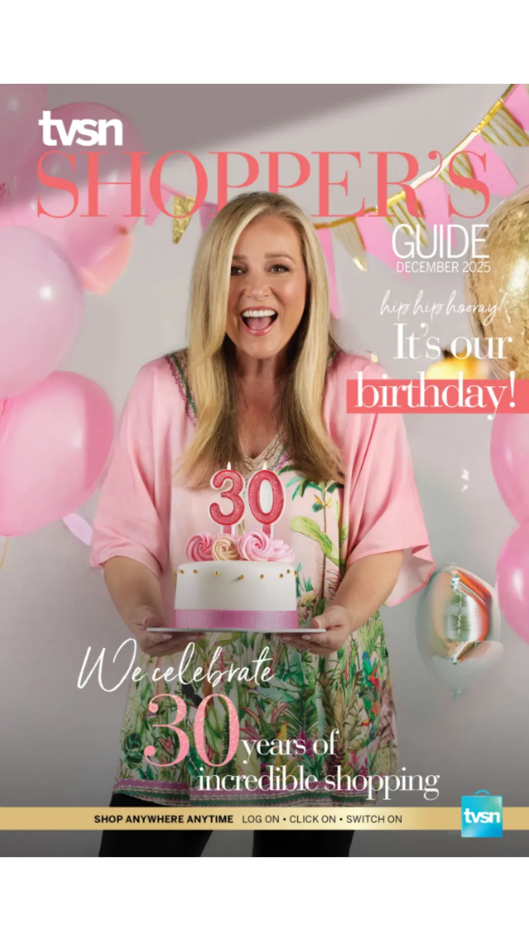 A blonde woman excitedly holds a cake to celebrate TVSN's 30th anniversary.