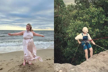 Left: Woman with blonde hair, wearing long pink dress smiling on beach. Right: Woman wearing blue overall and white helmet, strapped while abseiling.