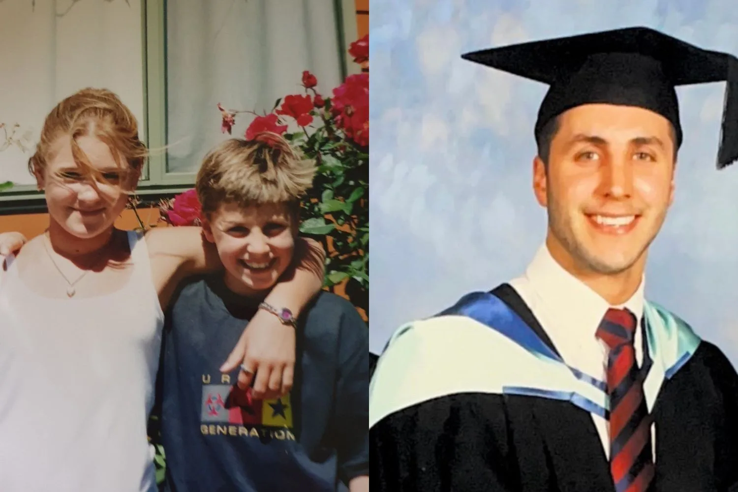 L: Natalie and Ashley Gordon as children. R: Ashley Gordon at his graduation
