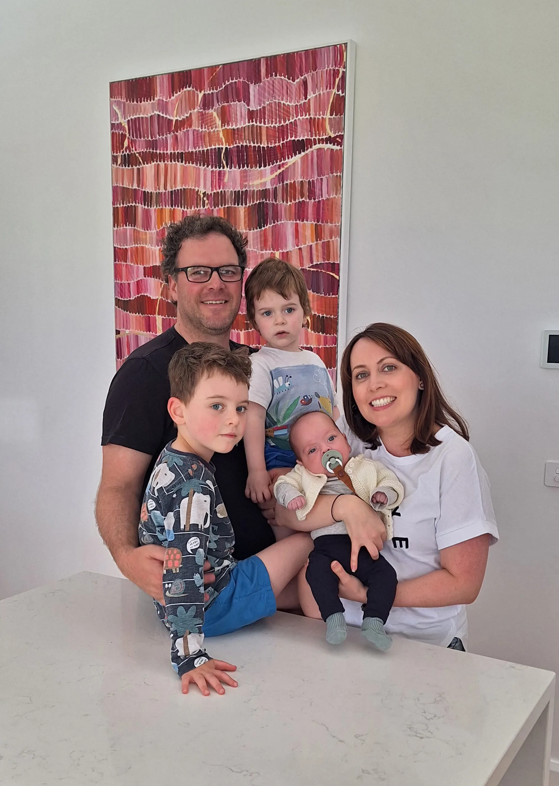 Allanah and her family, from left, dad Josh,bottom left, son Hugh, top left, son Hudson, right, Allanah, and centre, baby Archie.