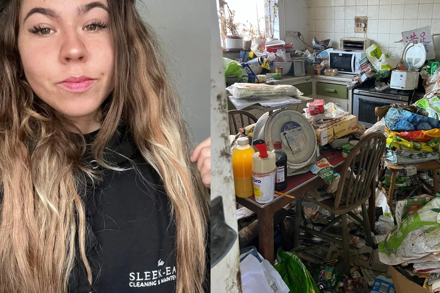 Left: Girl with long blonde hair wearing black hoodie looking into camera. Right: Photo of dirty kitchen with rubbish strewn across the floor, piles of junk on table.