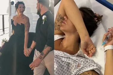 Woman in black wedding dress holding hands with man dressed in black shirt smiling at camera. Right: Woman in hospital bed with arm covering her face.