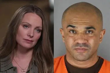 Left: Woman with brown hair and blue eyes wearing green shirt looking into camera with distressed stare. Right: Man wearing orange prison uniform. raising left eyebrow while staring at camera.