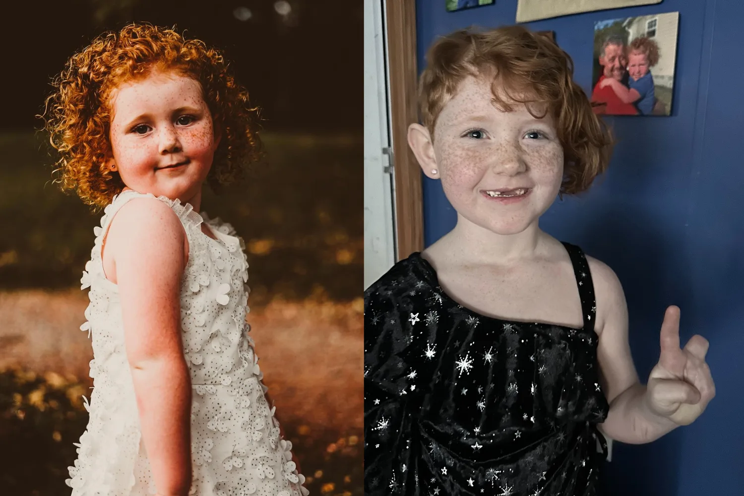 Left : Little girl with bright red hair and freckles across cheeks wearing white dress and smiling at camera. Right: Little girl wearing black dress infront of blue door holding up index finger while thumb bent under. Smiling at camera.