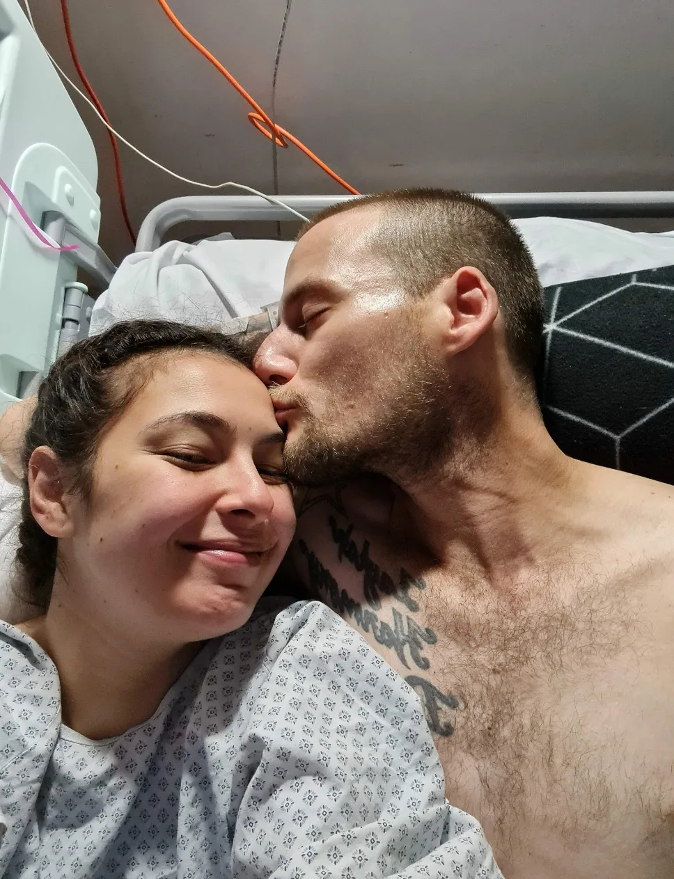 Kendra and Corey hospital bed