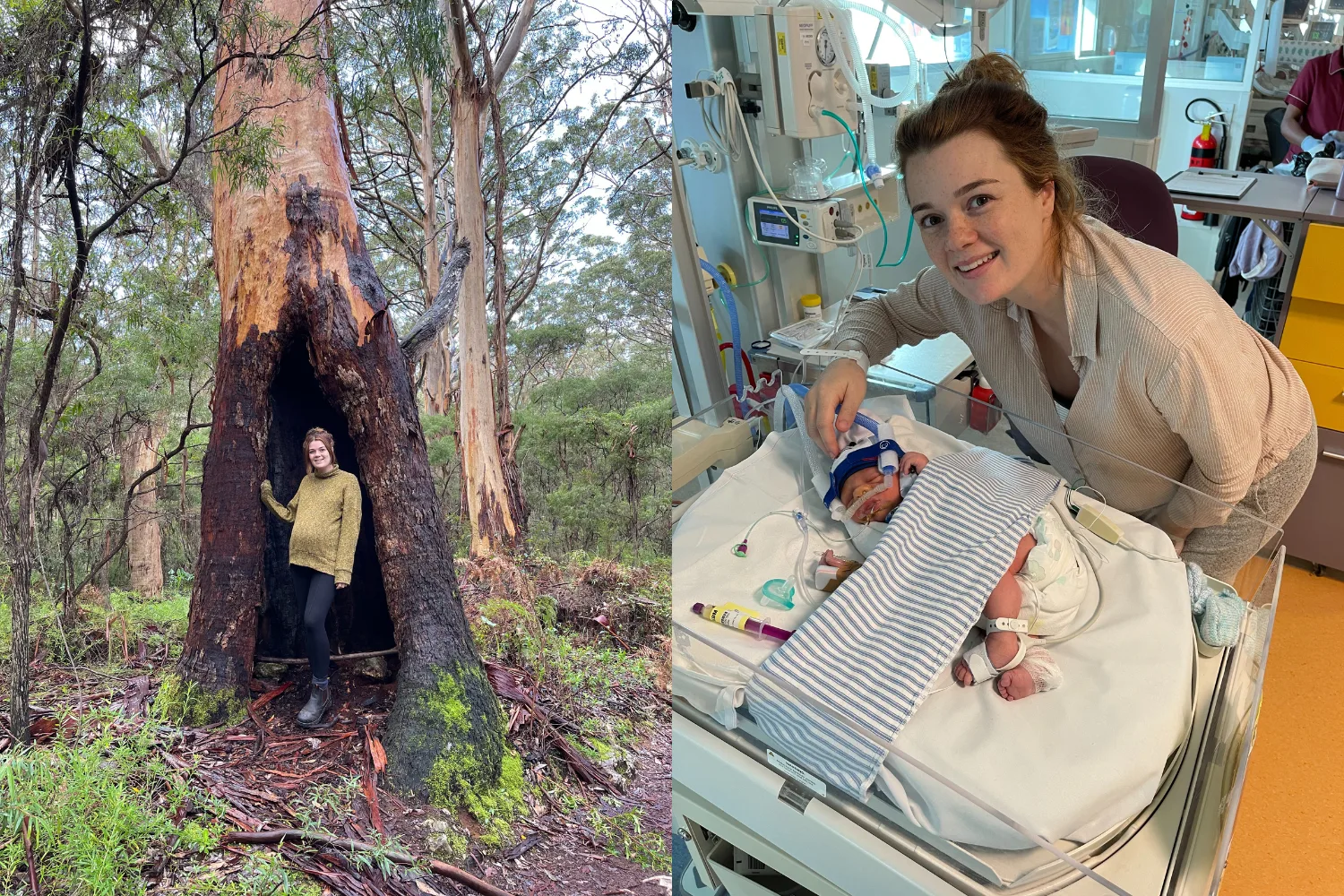 Image on left - Pregnant woman camping Image on right - mum and newborn in NICU