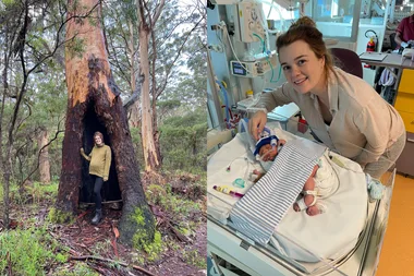 Image on left - Pregnant woman camping Image on right - mum and newborn in NICU