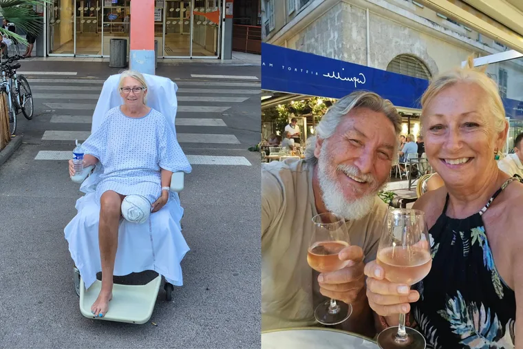 Image on left - woman recovering from amputation surgery sitting in wheelchair. Image on right - husband and wife sipping on champagne