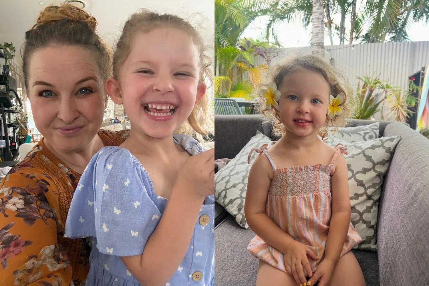 Left image - Mum and daughter smiling Right image - little girl with childhood dementia