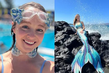 Image on left - woman wearing mermaid goggles and makeup Image on right - Woman wearing mermaid tail laying on rock