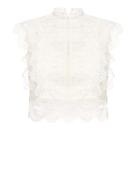 White high-collar sleeveless broderie blouse