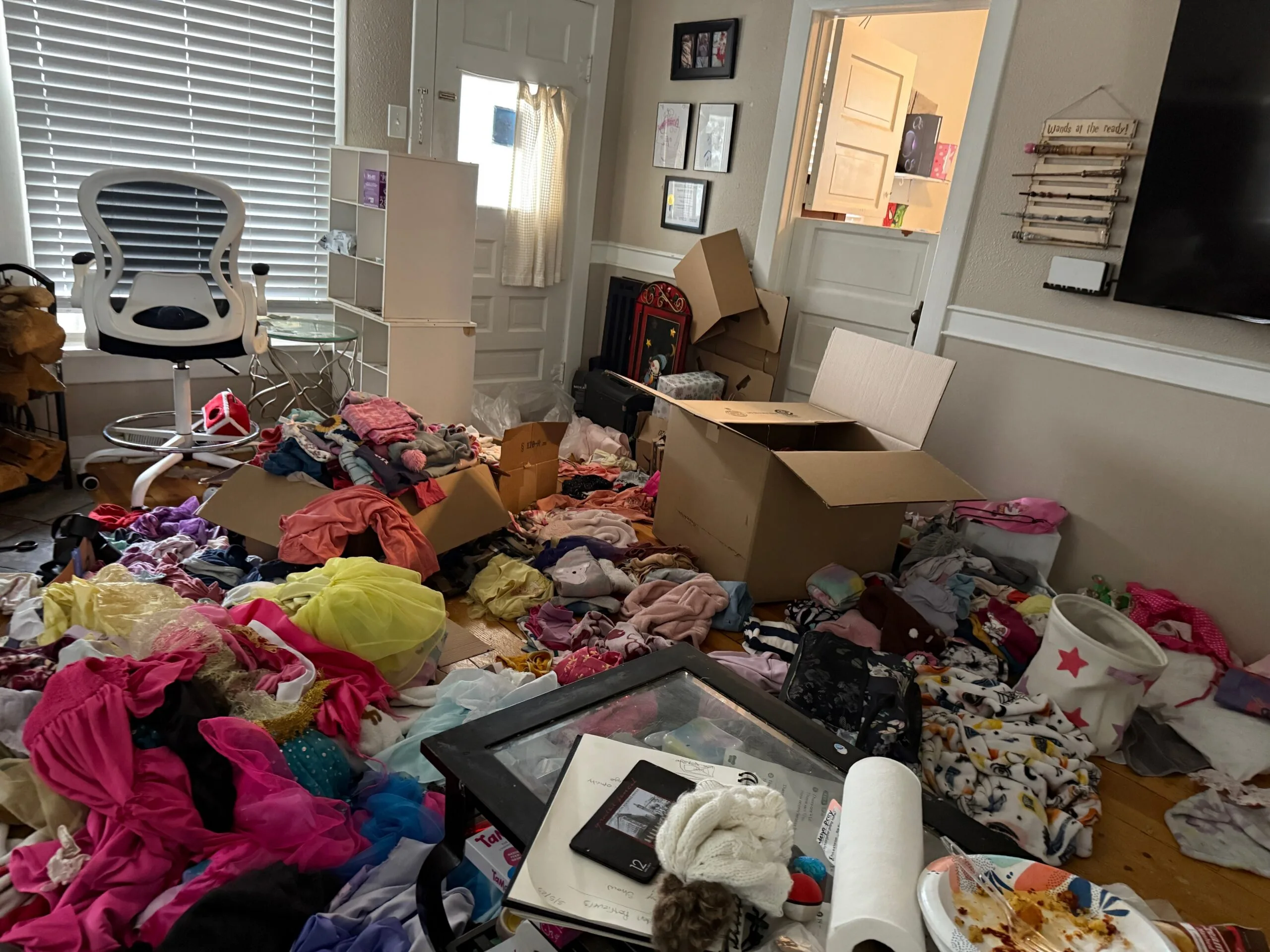 Image of room with piles of clothes, food and boxes scattered across the floor,