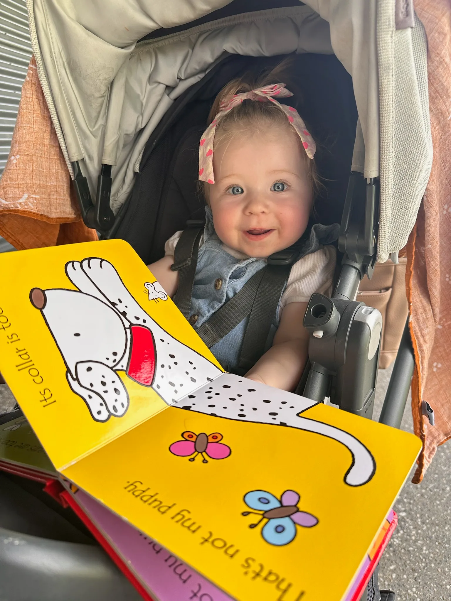 Little baby girl  with pink bow in her hair sitting in pram holding yellow children's book in her hands smiling at camera. 