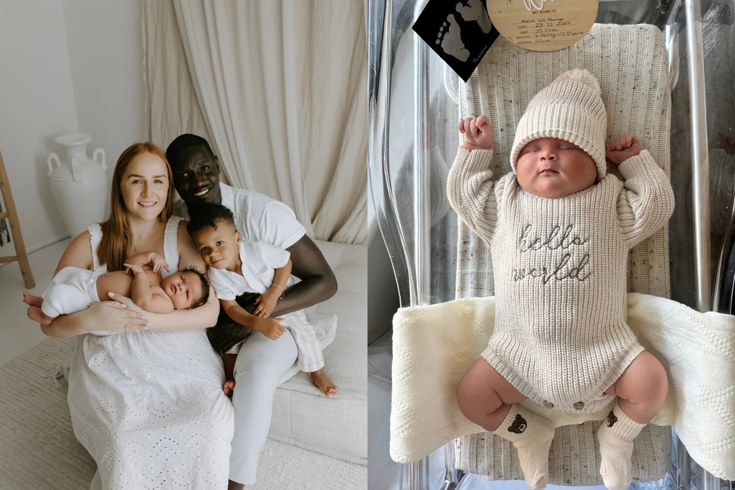 Left image - Mum, dad and two children Right image - newborn wearing onesie and beanie