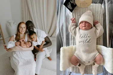Left image - Mum, dad and two children Right image - newborn wearing onesie and beanie