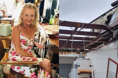 Image on left - cyclone Alfred survivor Image on right - cyclone aftermath
