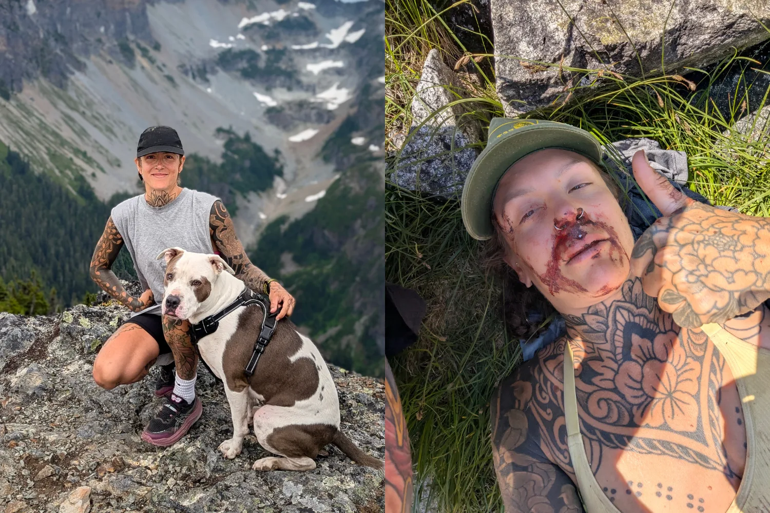 Left image - Woman and pup hiking Right image - Woman recovering from cliff fall