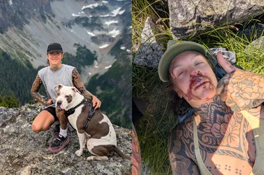 Left image - Woman and pup hiking Right image - Woman recovering from cliff fall