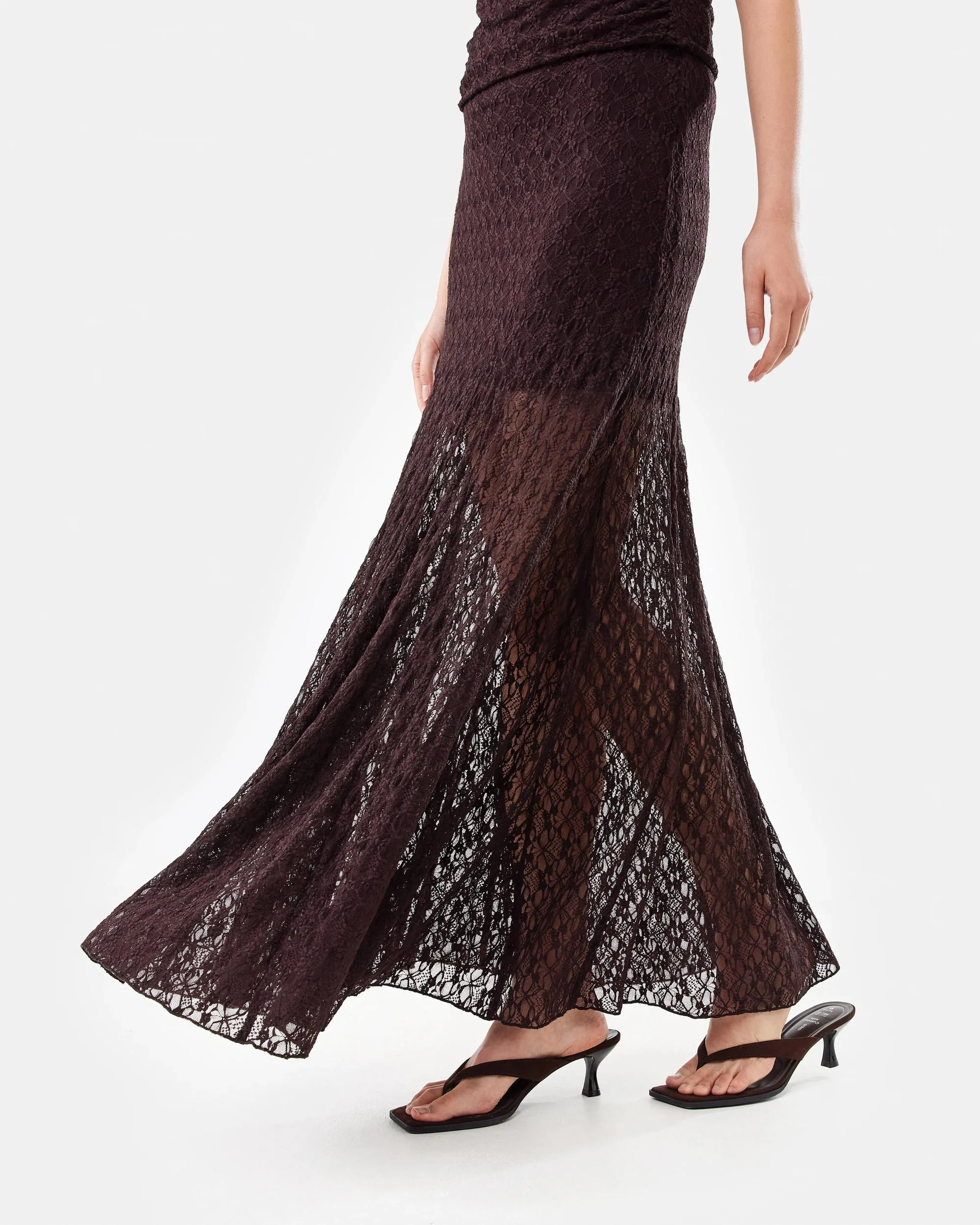 Sheer chocolate-brown maxiskirt