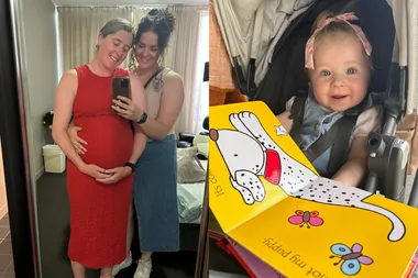 Left: Pregnant woman with blonde hair tied back in red dress holding up bump in the mirror. Woman with dark curly hair wearing brown shirt wrapping arms around pregnant woman. Both smiling in the mirror. Right: Little baby girl with pink bow in her hair sitting in pram holding yellow children's book in her hands smiling at camera.