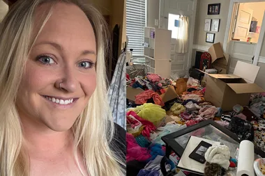 Left: Woman with blonde hair and blue eyes wearing black shirt and smiling at camera. Right: Image of room with piles of clothes, food and boxes scattered across the floor.